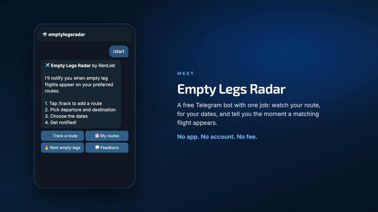 Empty Legs Radar — the Telegram bot that finds private jet empty legs for your route and dates