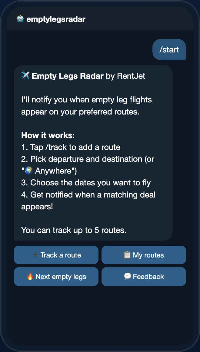 Empty Legs Radar bot: welcome message and main menu with Track a route, My routes, Next empty legs and Feedback buttons