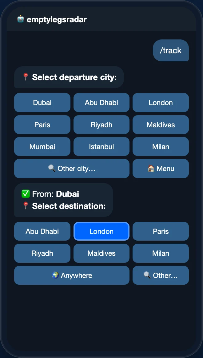 Empty Legs Radar bot: choosing the departure city and destination with buttons