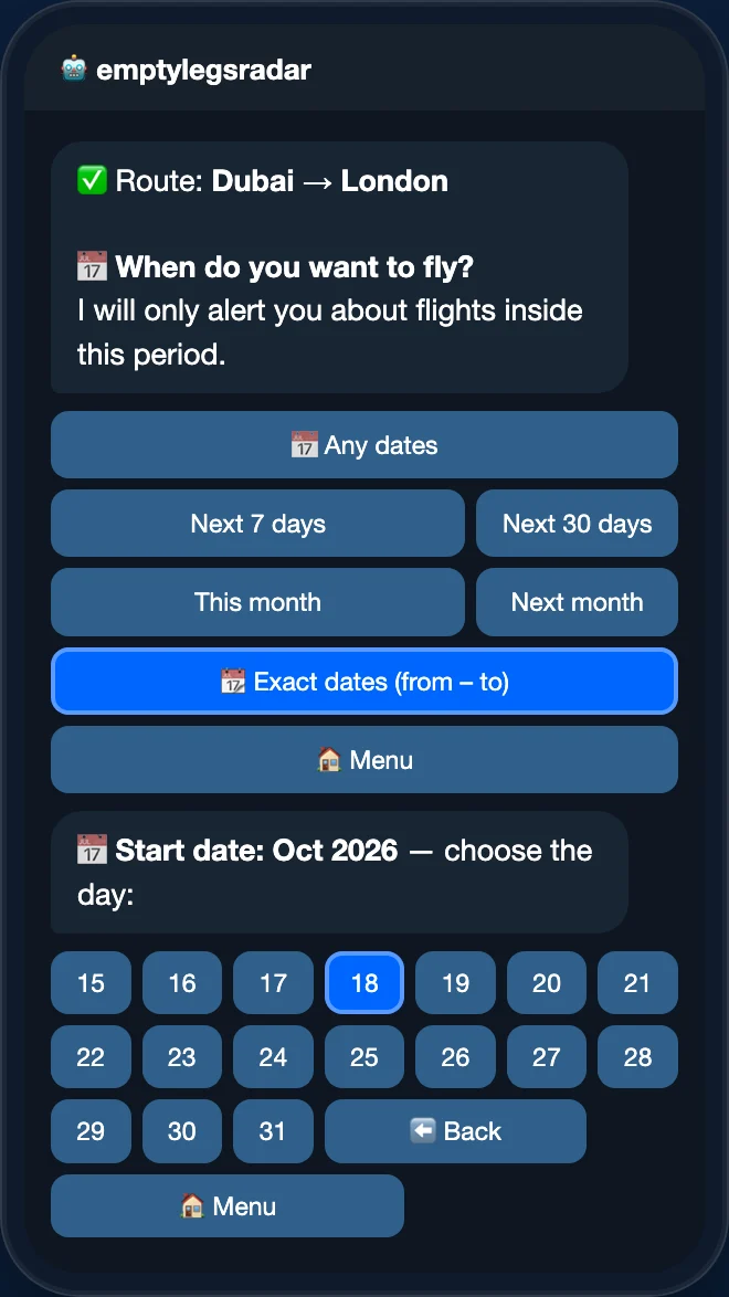 Empty Legs Radar bot: date presets and the exact-date picker showing the days of October 2026